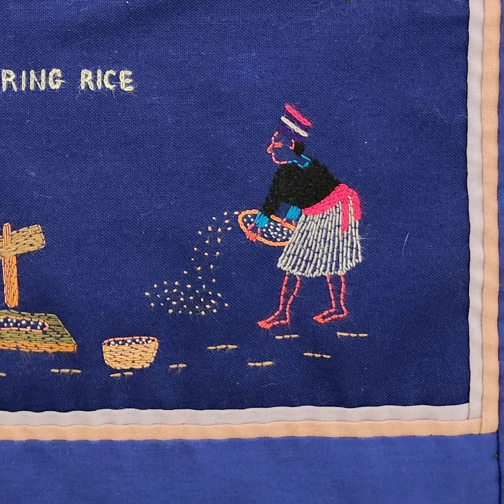 Handmade Pillow Cover Embroidered They Are Carrying Water Preparing Rice Zipper